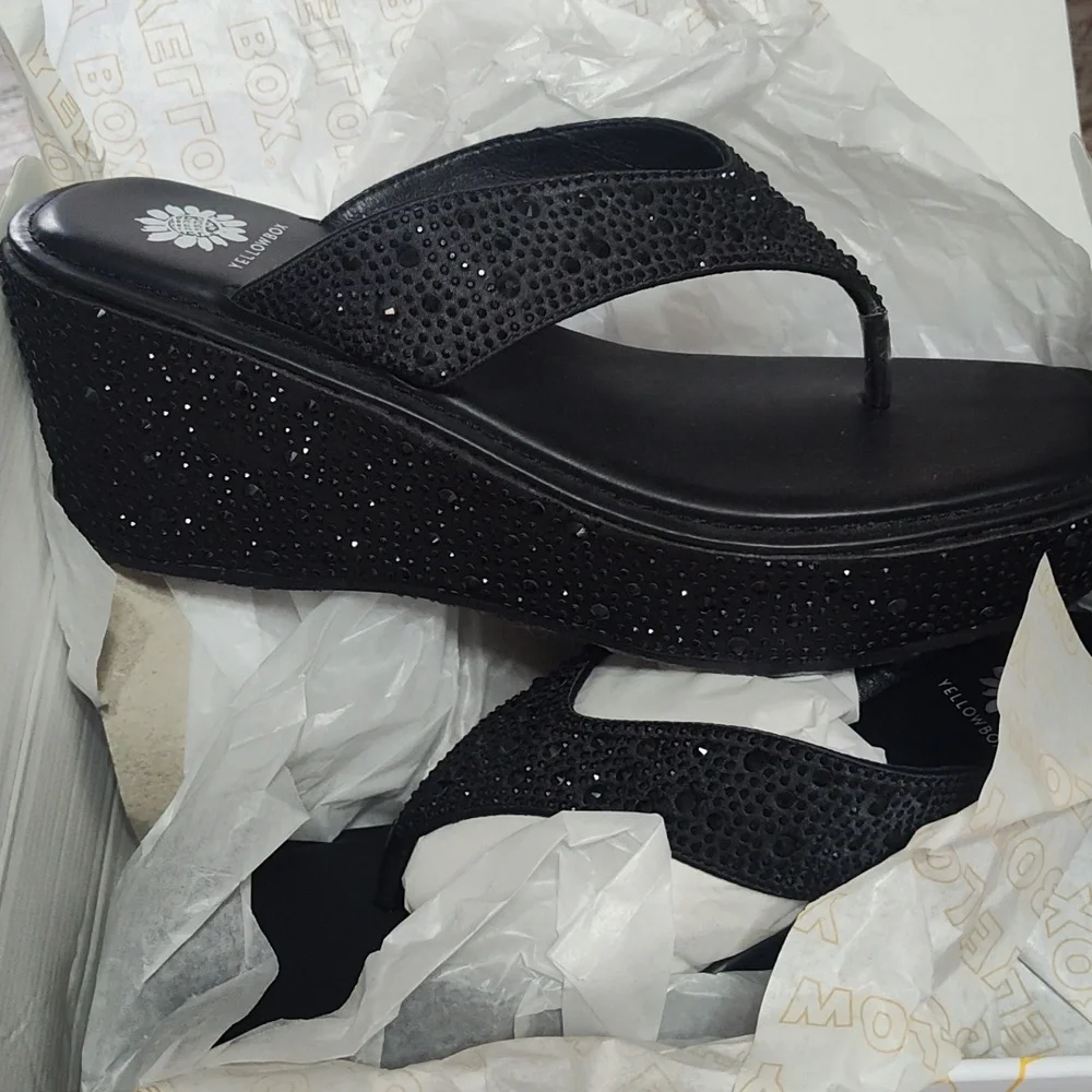 Yellow Box Black Sparkle Wedge Sandals - Picture 2 of 5